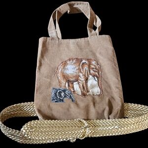 Tan Cordury Elephant Applique Tote Bag with Gold Faux Leather Braided Belt Wide
